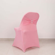 Pink Spandex Folding Slip On Chair Covers with Silver Rhinestone Buckled Sash Band