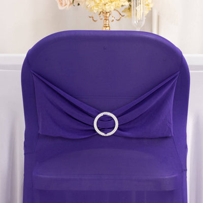 Stretch Spandex Folding Chair Cover Purple - Wrinkle Resistant Fitted Slipcover with Silver Rhinestone Buckled Sash Band Accent