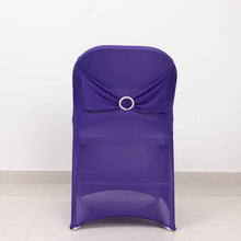 Purple Spandex Folding Slip On Chair Covers with Silver Rhinestone Buckled Sash Band