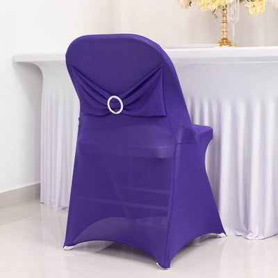 Stretch Spandex Folding Chair Cover Purple - Wrinkle Resistant Fitted Slipcover with Silver Rhinestone Buckled Sash Band Accent
