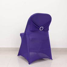 Purple Spandex Folding Slip On Chair Covers with Silver Rhinestone Buckled Sash Band