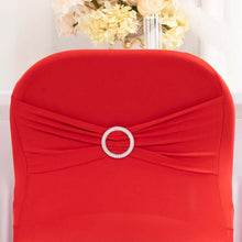 Red Spandex Folding Slip On Chair Covers with Silver Rhinestone Buckled Sash Band