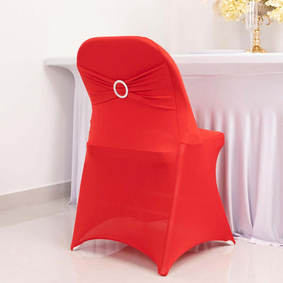 Stretch Spandex Folding Chair Cover Red - Wrinkle Resistant Fitted Slipcover with Silver Rhinestone Buckled Sash Band Accent