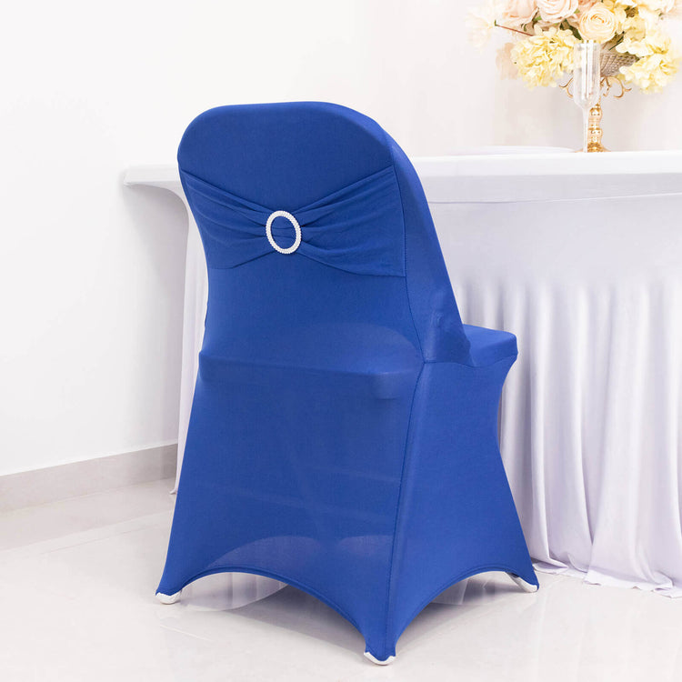 Royal Blue Spandex Folding Slip On Chair Covers with Silver Rhinestone Buckled Sash Band