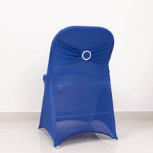 Royal Blue Spandex Folding Slip On Chair Covers with Silver Rhinestone Buckled Sash Band