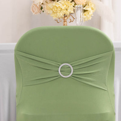 Stretch Spandex Folding Chair Cover Sage Green - Wrinkle Resistant Fitted Slipcover with Silver Rhinestone Buckled Sash Band Accent