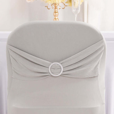Stretch Spandex Folding Chair Cover Silver - Wrinkle Resistant Fitted Slipcover with Silver Rhinestone Buckled Sash Band Accent