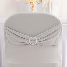 Silver Spandex Folding Slip On Chair Covers with Silver Rhinestone Buckled Sash Band