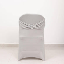 Silver Spandex Folding Slip On Chair Covers with Silver Rhinestone Buckled Sash Band