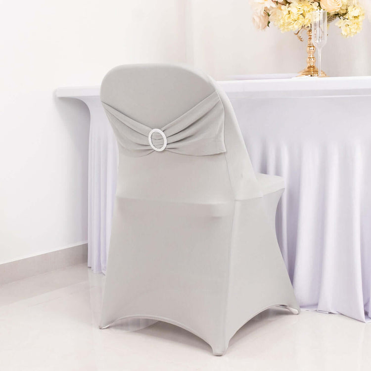 Silver Spandex Folding Slip On Chair Covers with Silver Rhinestone Buckled Sash Band