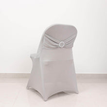 Silver Spandex Folding Slip On Chair Covers with Silver Rhinestone Buckled Sash Band