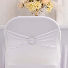 White Spandex Folding Slip On Chair Covers with Silver Rhinestone Buckled Sash Band