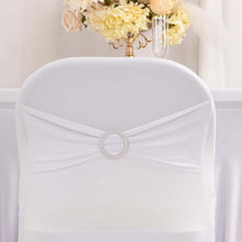 White Spandex Folding Slip On Chair Covers with Silver Rhinestone Buckled Sash Band