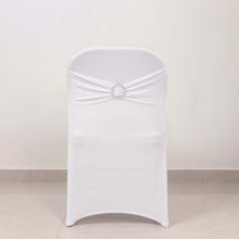 White Spandex Folding Slip On Chair Covers with Silver Rhinestone Buckled Sash Band