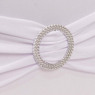 Stretch Spandex Folding Chair Cover White - Stylish & Wrinkle Resistant Fitted Slipcover with Silver Rhinestone Buckled Sash Band Accent