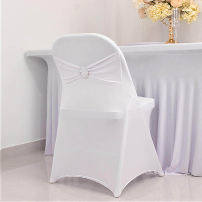 Stretch Spandex Folding Chair Cover White - Stylish & Wrinkle Resistant Fitted Slipcover with Silver Rhinestone Buckled Sash Band Accent