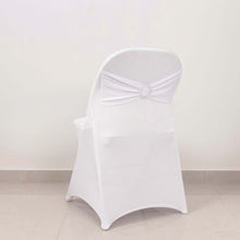 White Spandex Folding Slip On Chair Covers with Silver Rhinestone Buckled Sash Band