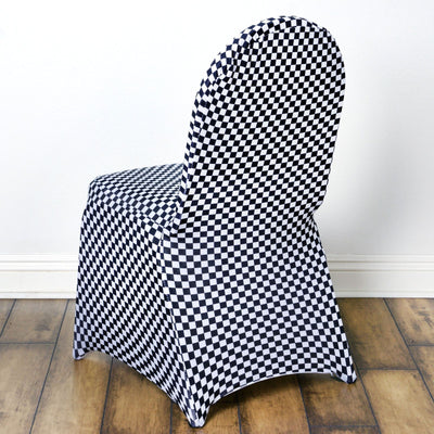 Spandex Stretch Banquet Chair Covers Black/White Buffalo Plaid - Fitted Checkered Design for Rustic & Modern Events