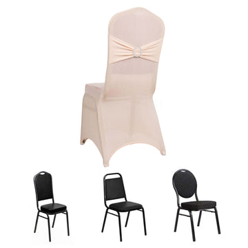 Blush Spandex Banquet Slip On Chair Cover with Silver Rhinestone Buckled Sash Band, Stretched Fitted Chair Cover