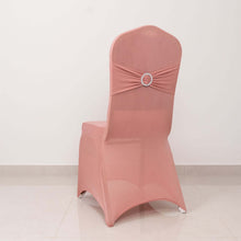 Dusty Rose Spandex Banquet Slip On Chair Cover with Silver Rhinestone Buckled Sash Band, Stretched