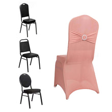 Dusty Rose Spandex Banquet Slip On Chair Cover with Silver Rhinestone Buckled Sash Band, Stretched