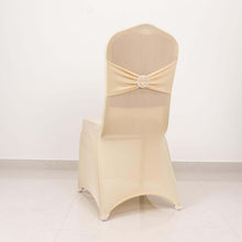 Beige Spandex Banquet Slip On Chair Cover with Silver Rhinestone Buckled Sash Band, Stretched Fitted