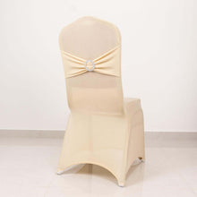 Beige Spandex Banquet Slip On Chair Cover with Silver Rhinestone Buckled Sash Band, Stretched Fitted