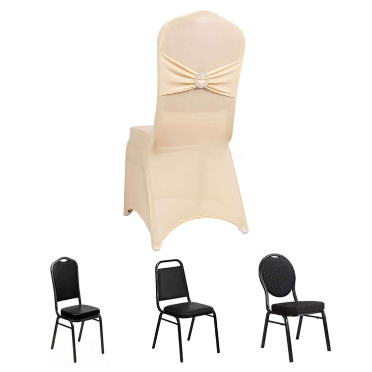 Beige Spandex Banquet Slip On Chair Cover with Silver Rhinestone Buckled Sash Band, Stretched Fitted