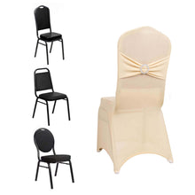 Beige Spandex Banquet Slip On Chair Cover with Silver Rhinestone Buckled Sash Band, Stretched Fitted