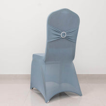 Dusty Blue Spandex Banquet Slip On Chair Cover with Silver Rhinestone Buckled Sash Band, Stretched