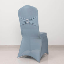 Dusty Blue Spandex Banquet Slip On Chair Cover with Silver Rhinestone Buckled Sash Band, Stretched