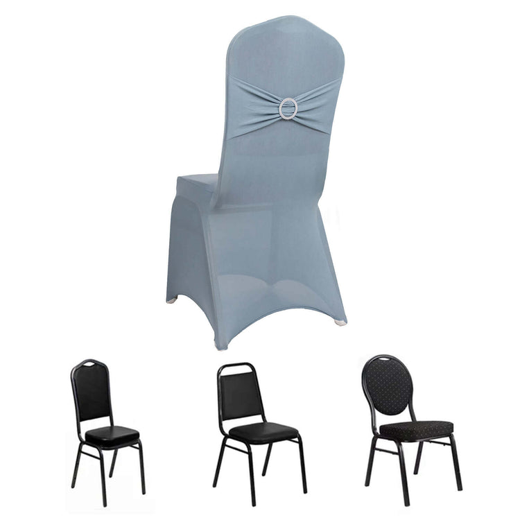 Dusty Blue Spandex Banquet Slip On Chair Cover with Silver Rhinestone Buckled Sash Band, Stretched