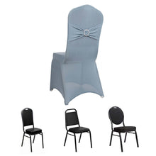 Dusty Blue Spandex Banquet Slip On Chair Cover with Silver Rhinestone Buckled Sash Band, Stretched