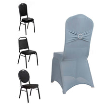 Dusty Blue Spandex Banquet Slip On Chair Cover with Silver Rhinestone Buckled Sash Band, Stretched