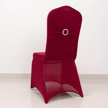 Burgundy Spandex Banquet Slip On Chair Cover with Silver Rhinestone Buckled Sash Band, Stretch