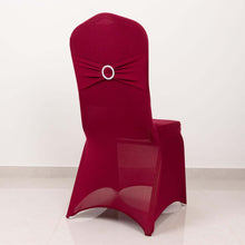 Burgundy Spandex Banquet Slip On Chair Cover with Silver Rhinestone Buckled Sash Band, Stretch