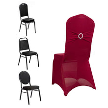 Burgundy Spandex Banquet Slip On Chair Cover with Silver Rhinestone Buckled Sash Band, Stretch