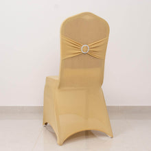 Champagne Spandex Banquet Slip On Chair Cover with Silver Rhinestone Buckled Sash Band, Stretched