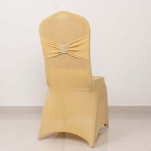 Champagne Spandex Banquet Slip On Chair Cover with Silver Rhinestone Buckled Sash Band, Stretched