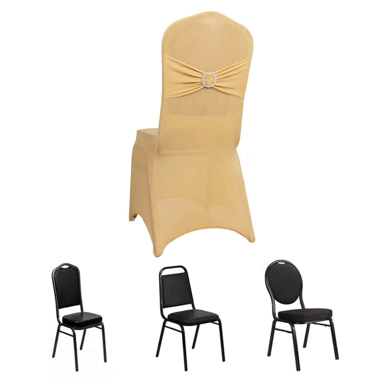 Champagne Spandex Banquet Slip On Chair Cover with Silver Rhinestone Buckled Sash Band, Stretched