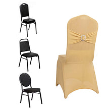 Champagne Spandex Banquet Slip On Chair Cover with Silver Rhinestone Buckled Sash Band, Stretched