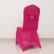 Fuchsia Spandex Banquet Slip On Chair Cover with Silver Rhinestone Buckled Sash Band, Stretched