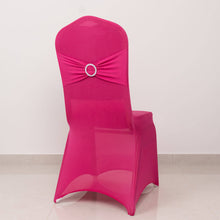 Fuchsia Spandex Banquet Slip On Chair Cover with Silver Rhinestone Buckled Sash Band, Stretched