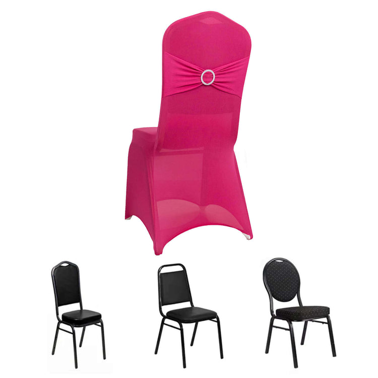 Fuchsia Spandex Banquet Slip On Chair Cover with Silver Rhinestone Buckled Sash Band, Stretched