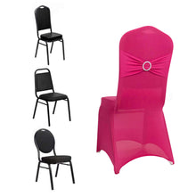 Fuchsia Spandex Banquet Slip On Chair Cover with Silver Rhinestone Buckled Sash Band, Stretched