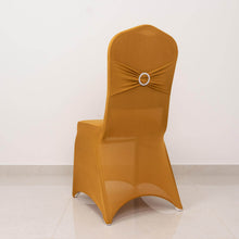 Gold Spandex Banquet Slip On Chair Cover with Silver Rhinestone Buckled Sash Band, Stretched Fitted