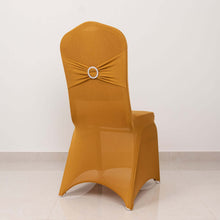 Gold Spandex Banquet Slip On Chair Cover with Silver Rhinestone Buckled Sash Band, Stretched Fitted