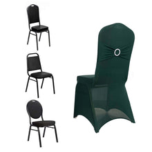 Hunter Emerald Green Spandex Banquet Slip On Chair Cover with Silver Rhinestone Buckled Sash Band