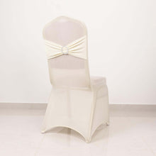 Ivory Spandex Banquet Slip On Chair Cover with Silver Rhinestone Buckled Sash Band, Stretched Fitted