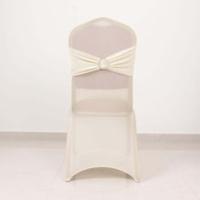 Ivory Spandex Banquet Slip On Chair Cover with Silver Rhinestone Buckled Sash Band, Stretched Fitted